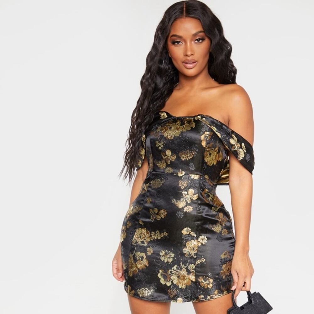 NWT Pretty Little Thing Black Floral Bardot Bodycon Mini Dress US 8 UK 12 - Picture 1 of 8